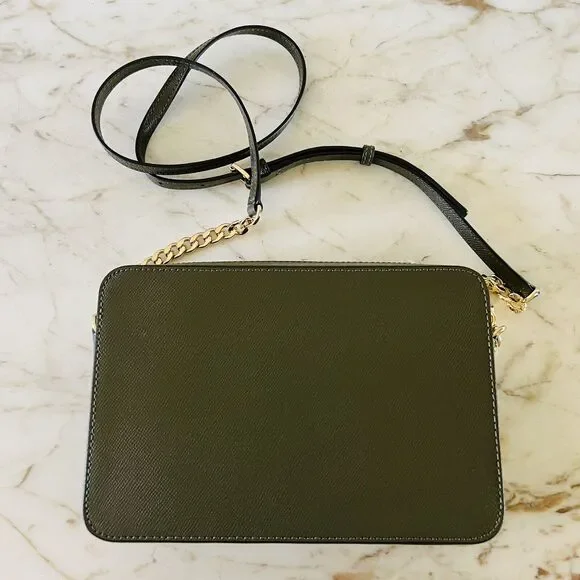 MICHAEL KORS Jet Set Olive Leather Zip Chain Crossbody Bag